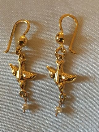 VTG ANTIQUE GOLD OVER STERLING SILVER 925 MINIATURE PEARLS BIRDS PIERCE EARRINGS 6
