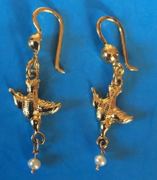 VTG ANTIQUE GOLD OVER STERLING SILVER 925 MINIATURE PEARLS BIRDS PIERCE EARRINGS 8
