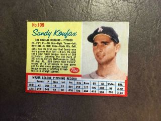 1962 Post Sandy Koufax Baseball Card 109 Vintage Dodgers