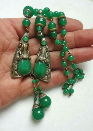 Antique Art Deco Era Jade Green Molded Art Glass Silver Lavalier Necklace