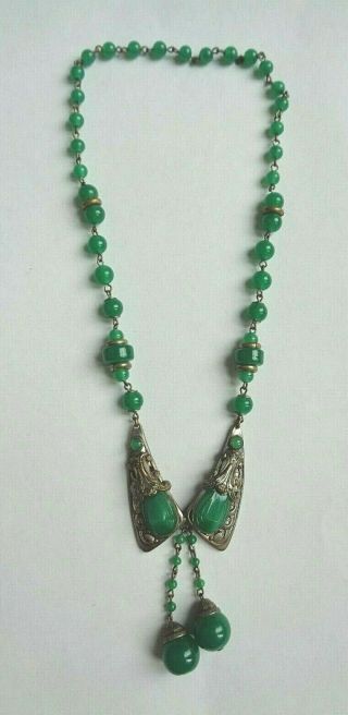 Antique Art Deco Era Jade Green Molded Art GLass Silver Lavalier Necklace 2