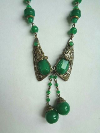 Antique Art Deco Era Jade Green Molded Art GLass Silver Lavalier Necklace 3