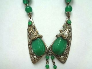 Antique Art Deco Era Jade Green Molded Art GLass Silver Lavalier Necklace 4
