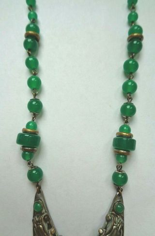 Antique Art Deco Era Jade Green Molded Art GLass Silver Lavalier Necklace 5