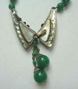 Antique Art Deco Era Jade Green Molded Art GLass Silver Lavalier Necklace 6