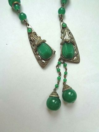 Antique Art Deco Era Jade Green Molded Art GLass Silver Lavalier Necklace 7