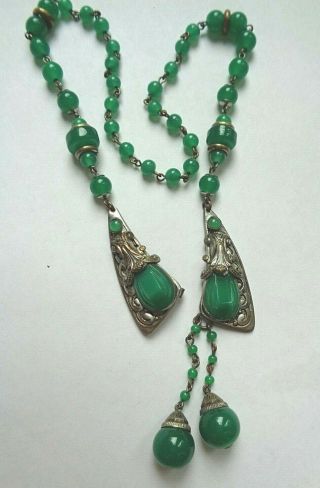 Antique Art Deco Era Jade Green Molded Art GLass Silver Lavalier Necklace 8