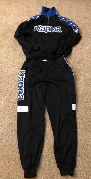 Rare Vintage 90s Kappa Track Pants And Jacket Quarter Zip Set Black Blue Large