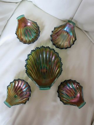 Vintage Carnival Glass Westmoreland Shell 5 Piece Nut Set In Teal