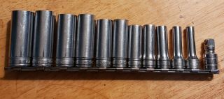 Vintage Snap - On 3/8 Drive 6pt Flank Drive Sae Deep Socket Set 12pc Made In Usa