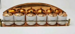 Vintage Benjamin And Medwin Copper Spice Rack With Porcelain Jars - Portugal