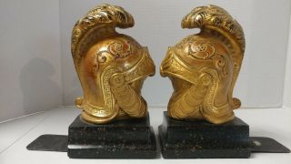 Vintage Borghese Roman Helmet Bookends,  Gold Gilt,  Set of 2,  7.  5 