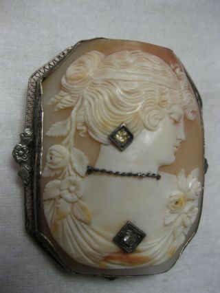 Vintage Antique Large Shell Cameo Detailed Lady Sterling Frame And Set Stones