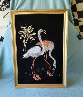 Vintage Mid Century Framed Gravel Pebble Art Two Flamingos On Black Felt 19 " X 13