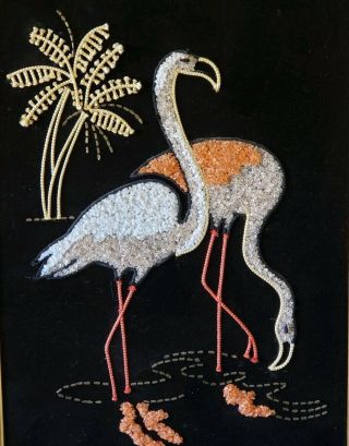 Vintage Mid Century Framed Gravel Pebble Art Two Flamingos On Black Felt 19 