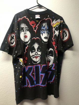 Vtg 90s Kiss Band Faces All Over Print Back Stage Pass Winterland T - Shirt Sz Xl