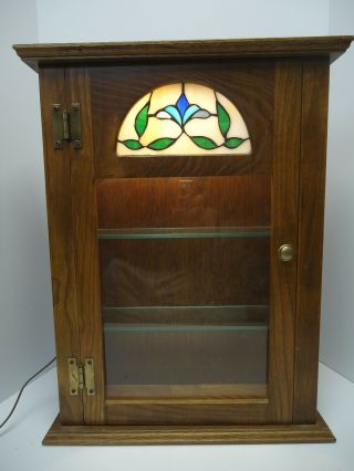 Vintage Wood Lighted Curio Cabinet Stained Glass Table Top Or Wall Hanging