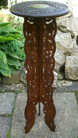 Tall{93cm}vintage Anglo/indian Carved,  Folding Side Table With Inlaid Top