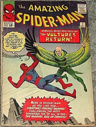 Spiderman 7 Hi Grade 5.  0 F - Rare Vulture Key 1963 12 Cent Stan Lee Ditko