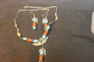 Vintage Southwestern Rahf Turquoise Coral Sterling Silver Necklace Earring Set