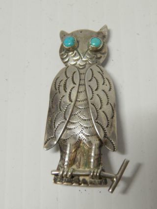 Vintage Navajo Indian Sterling Silver Turquoise Owl Pin Fred Harvey Era