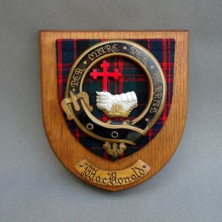 Vintage Oak Wall Plaque Scottish Clan Macdonald Tartan Shield Crest / Arms