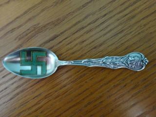 Vintage Native American Sterling Silver Spoon Green Enamel Swastika Good Luck