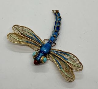 Antique 925s Sterling Silver Chinese Filigree Enamel Turquoise Dragonfly Brooch