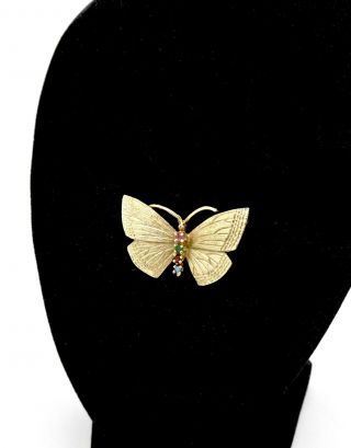 Estate Finely Detailed 14k Solid Gold Multi Gemstone Figural Butterfly Pin