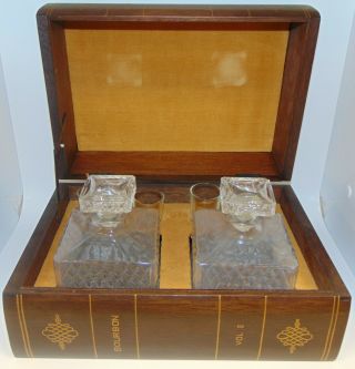 Vtg Stack Of Books Hidden Liquor Decanter Bar Set Scotch Bourbon Music Box