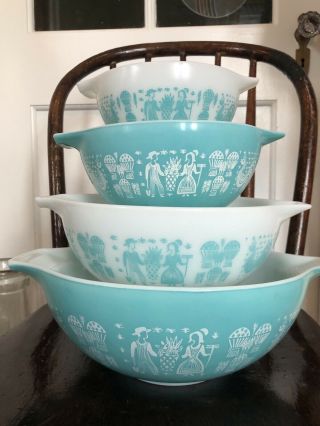 Vintage Pyrex Amish Butterprint Turquoise Cinderella Mixing Bowls Set Of 4