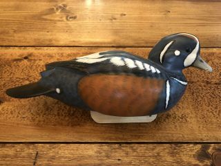 Vintage Harlequin Duck Decoy Wooden Carved,  Signed Garry Rector,  Bill