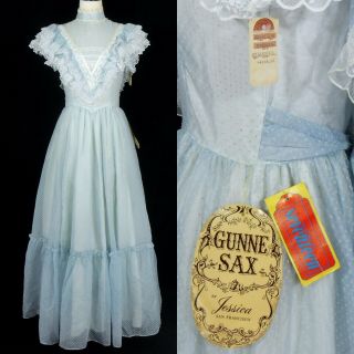 Nos Vtg Gunne Sax Blue Swiss Dot Chiffon Lace Victorian Princess Party Dress M