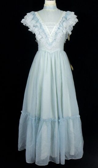 NOS vtg GUNNE SAX BLUE SWISS DOT CHIFFON LACE VICTORIAN PRINCESS PARTY DRESS M 4