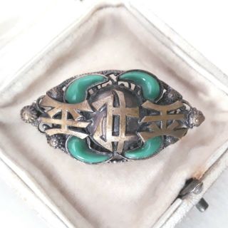 Vintage Czech Neiger Brothers Oriental Chinese Brass Peking Glass Pin Brooch