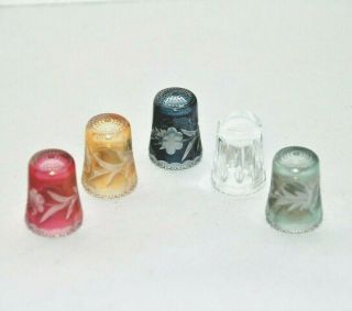 (5) Cut Etched Crystal Glass Flower Thimble Vintage 1 1/4 " Germany