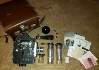 Vintage Paillard Bolex H16 Camera 3 Lens Bausch & Lomb Case Accessories