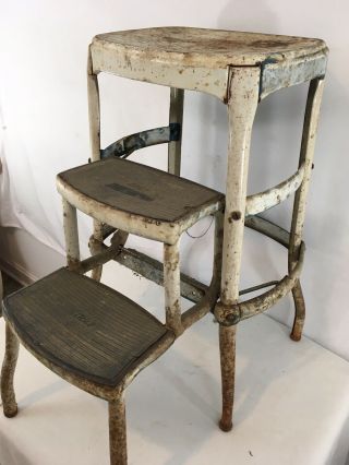 Vtg Antique Cosco Fold Out Distressed Grunge Retro Steel Metal Step Stool
