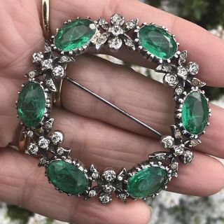 Antique Victorian /edwardian Sterling Silver Emerald /diamond Paste Brooch/pin