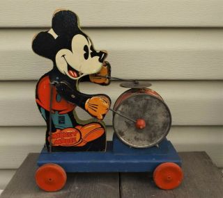 Vtg 1938 Fisher Price Pull Toy Walt Disney Ent Wood Mickey Mouse Drummer 795
