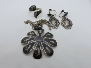 Vintage Siam Niello Sterling Silver Black Enamel Jewelry Set,  24.  6 Grams