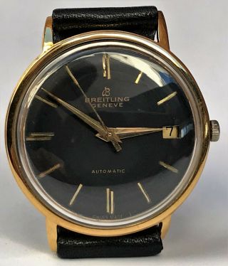 Vtg Breitling Geneve Automatic Calendar Black Dial 18kts Gold Plated Case 1950
