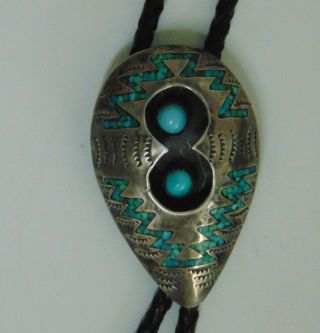 Vtg.  George Begay Sterling Silver Shadow Box/inlaid Turquoise Bolo Tie