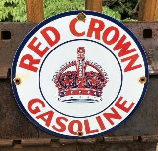 Vintage Red Crown Gasoline Porcelain Metal Sign Gas Oil Pump Plate Scarce 11 3/4