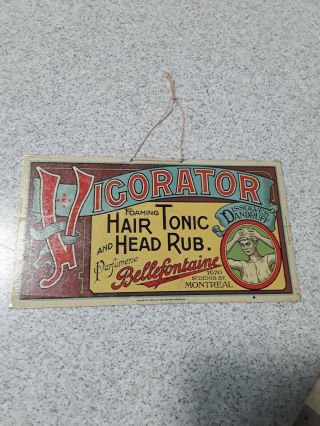Antique Vigorator Tin Litho Sign Vintage Barber Shop Hair Tonic Medicine Beauty