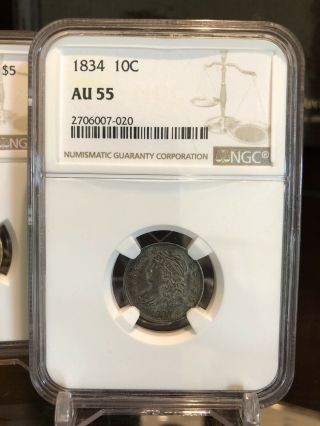 1834 Capped Bust Dime 10c Ngc Graded Au 55 Rare Early Date Certified Coin