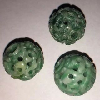 3 Antique 1920’s Hollow Jade Beads 14mm Chinese Estate