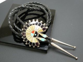 Vintage Old Pawn Hopi Sun Face Inlaid Gemstone Sterling Silver Bolo Necklace