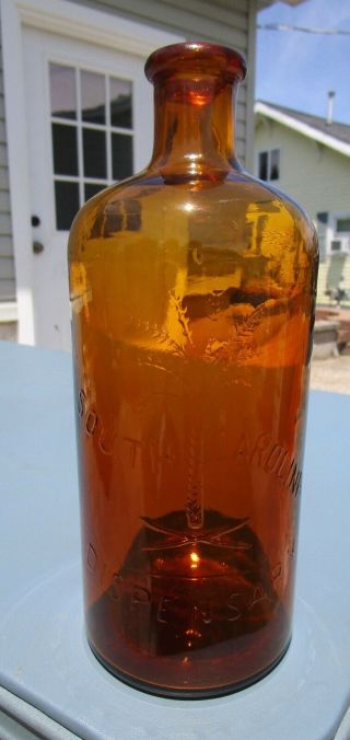 Vintage 1970s Amber South Carolina Dispensary Quart Palmetto Tree Bottle 2