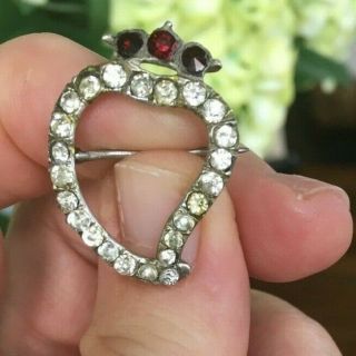 Antique Victorian Witches Heart Garnet Sterling Silver Brooch Pin Paste